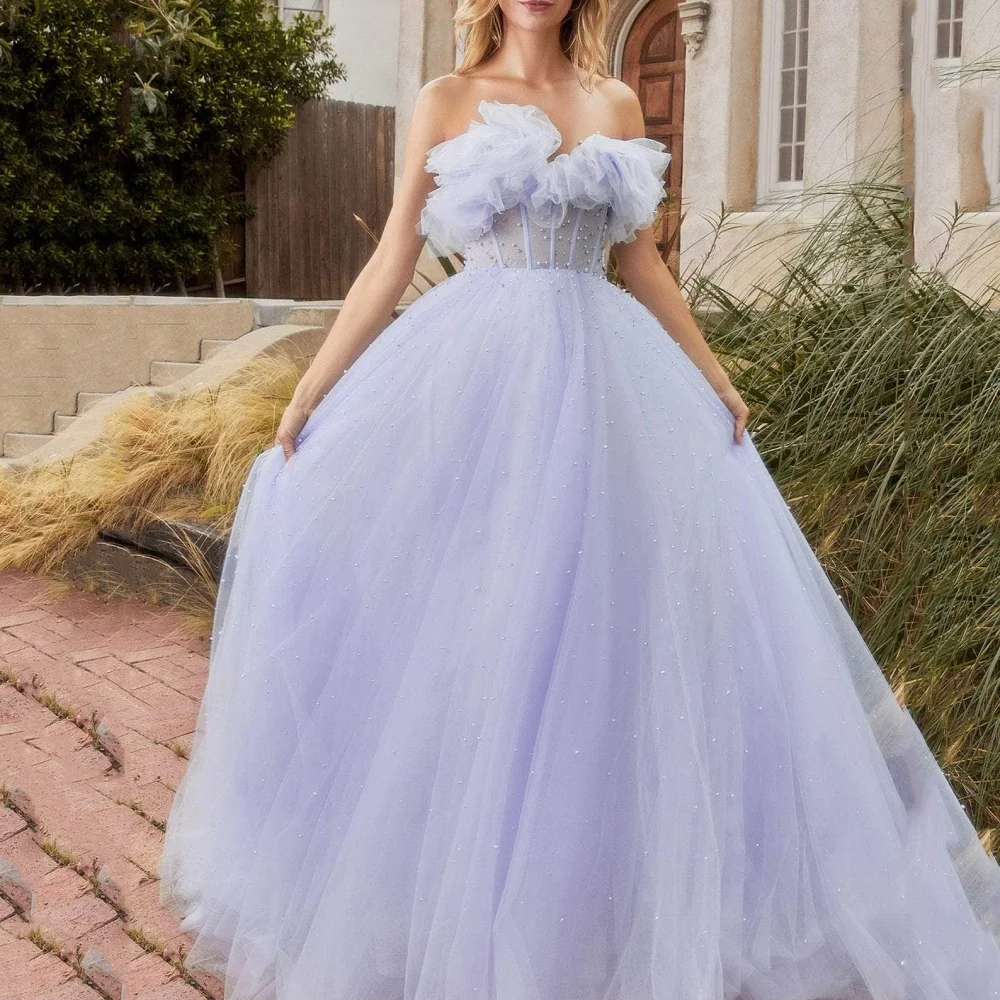 

Camellia Romantic Party Dresses Strapless Illusion A Line Evening Gowns Tulle Beading New Arrival Tulle Prom Dress