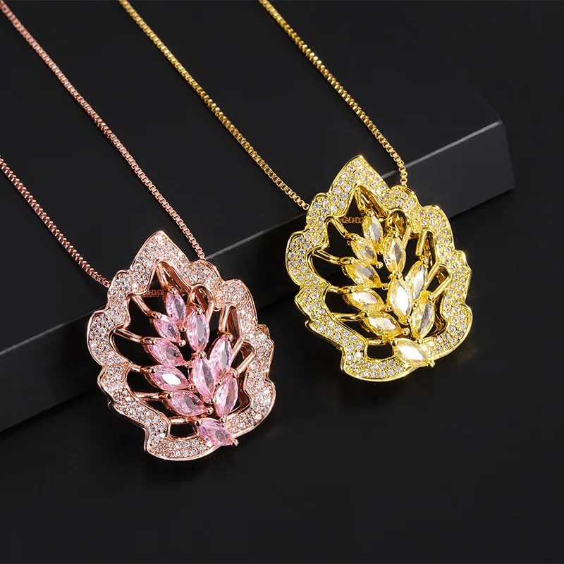 

Pink Crystal Maple Leaf Water Droplet Pendant Necklace Women Jewelry Leave Wedding Anniversary Party Gift Girlfriend's Birthday