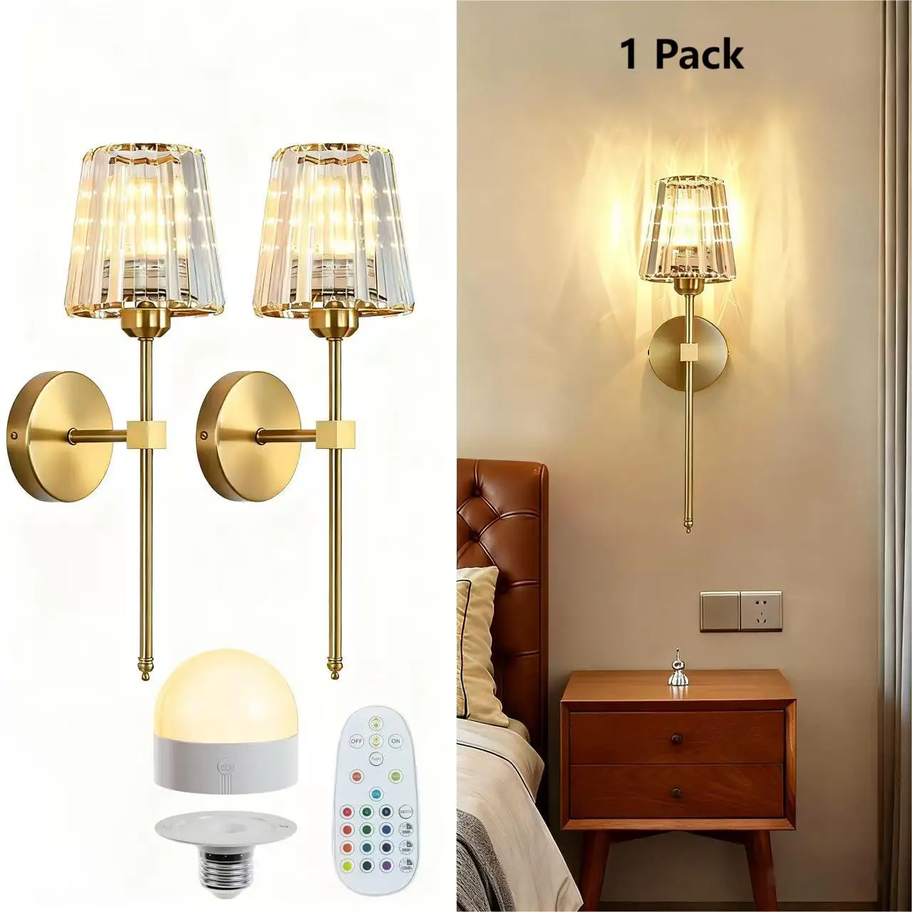 Battery Operated Wall Sconces Set of 1,Gold Rechargeable Wall Sconce Light with Crystal Lampshade,12 RGB Dimmable Wall Lamp
