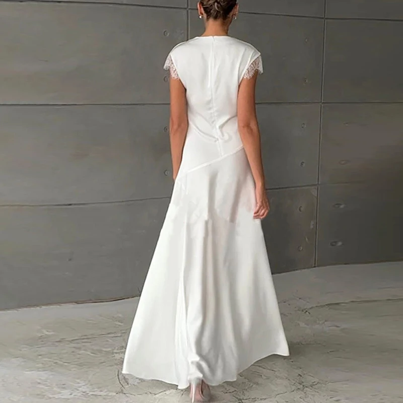 

Simple Sexy Lace Edge Short Sleeve Split Satin Long Dresses Fashion Solid Pleated Evening Dresses Women Elegant Party Boho Dress