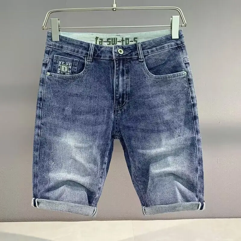 

Новинка лета 202, джинсовые шорты, модные брендовые универсальные облегающие эластичные полубрюки, корейские модные повседневные брюки, джинсовые мужские шорты