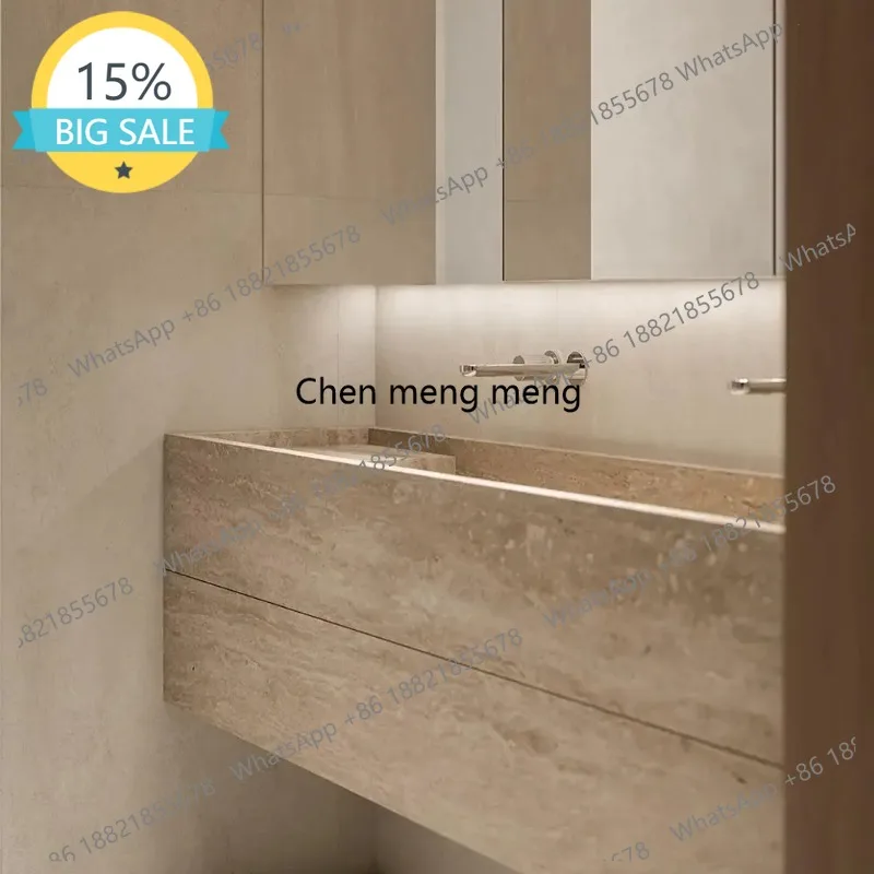 

L07 "Double Sink Vanity Set: Italian Red Travertine, Dual Faucets, Narrow Frame Deep Basin & Child-Safe Edges - Premium Bathroom