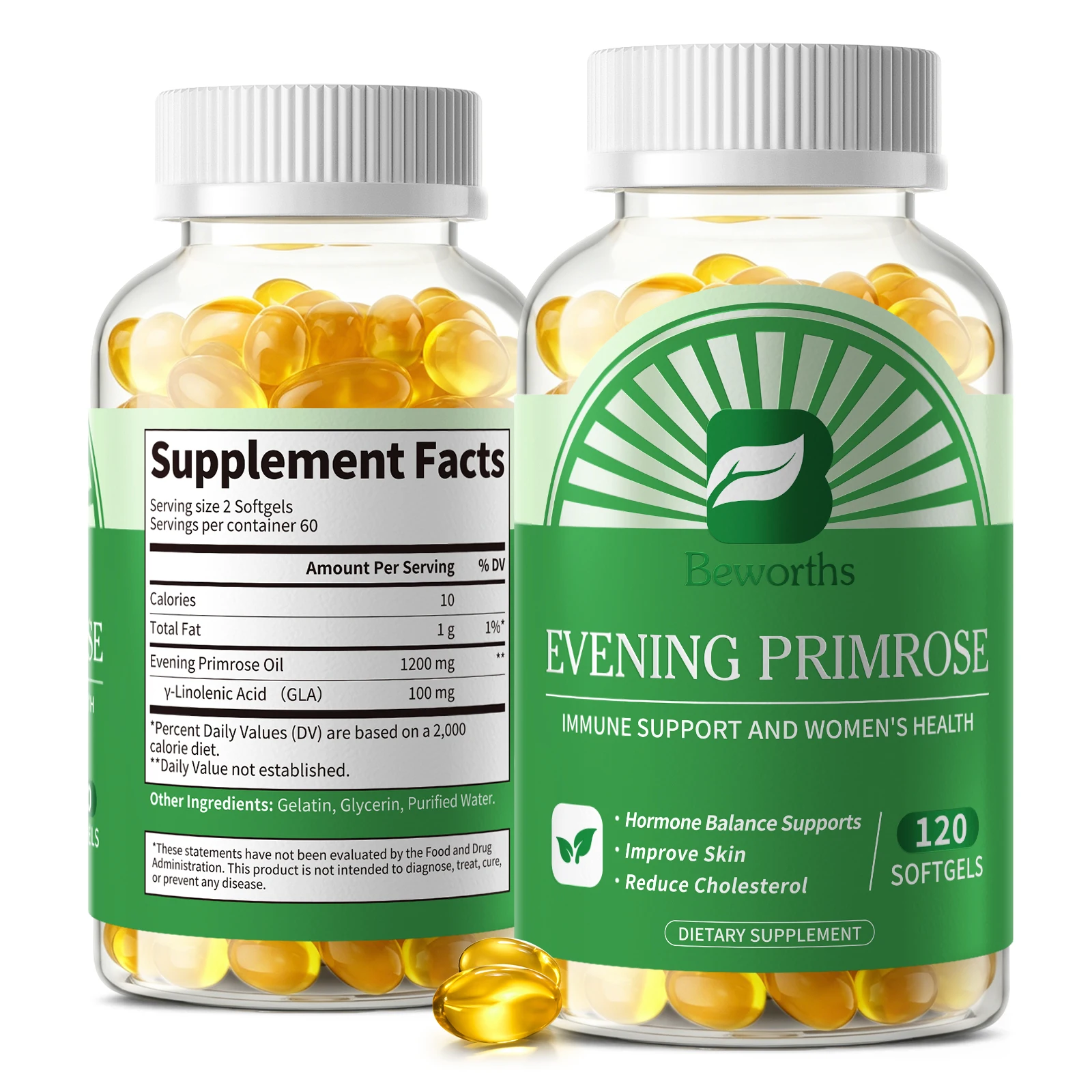 BEWORTHS Evening Primrose Capsule Regulate Endocrine,Relieve Discomfort During Menstrual Cycle Anti-inflammatory Improve Skin