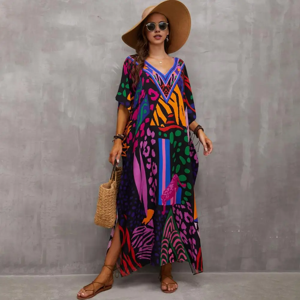 Rayon Beach Cover Up Vibrant Color Print Beach Cover Up Dress V-neck Short Sleeve Loose Fit with Side Slit Swimsuit for Vacation