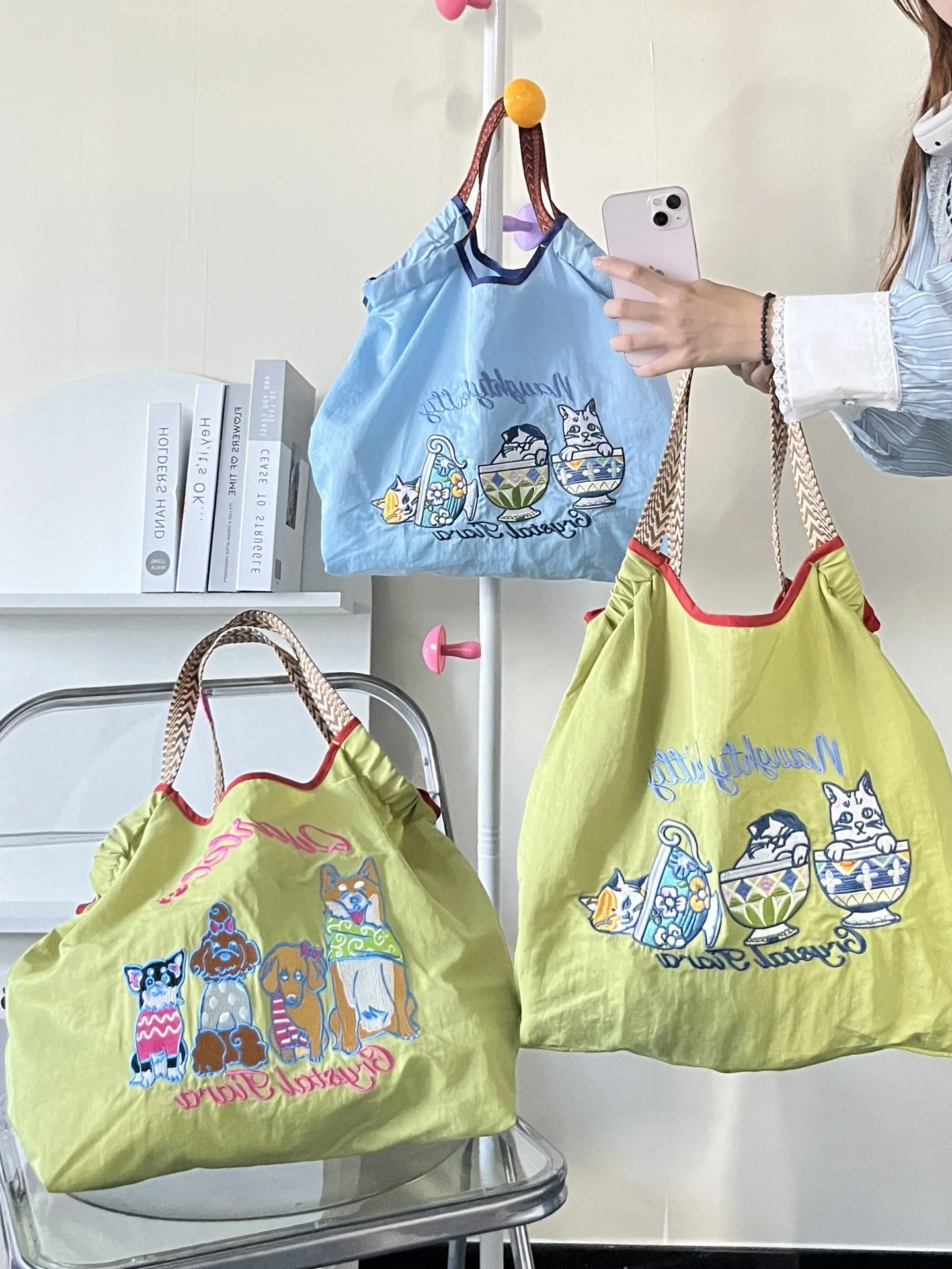 Kawaii Ball Chain Canvas Bag Embroidery Bag Large-Capacity Girl Cute Handbag Shopping Oxford Bag Shoulder Nylon Bag