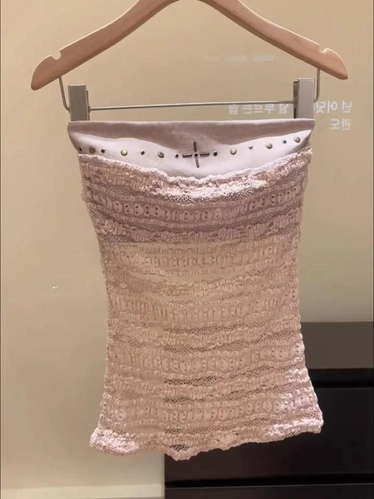 セクシーなショートレースクロップトップ女性の夏のデザイン痩身メッシュビスチェタンクトップ通勤スタイルレギュラー丈ノースリーブトップ