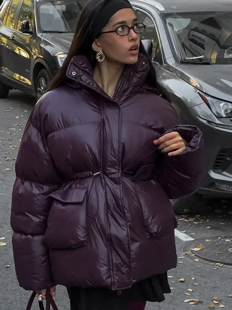 2024 neue Burgund Winter Warme Daunen Jacke Frauen Elegante Stehkragen Spitze Up Tasche Baumwolle Mäntel Herbst Weibliche Straße Oberbekleidung