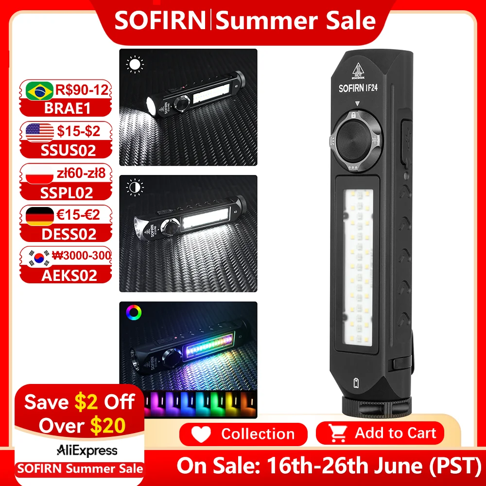 

Sofirn IF24 RGB Light SST40 2000lm Powerful LED Flashlight 5V 2A 18650 USB C Rechargeable Torch IP66 Waterproof with Magnetic