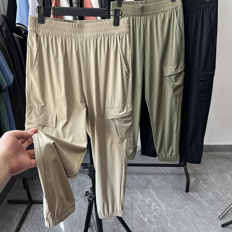 

Легкая дышащая уличная рабочая одежда из ледяного шелка, многоэтажные брюки Qui-Dry, мужские облегающие повседневные брюки, летние молодежные брюки