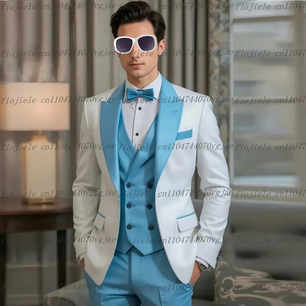 

Белый и небесно-голубой мужской костюм, официальная свадебная вечеринка, жених, жених, деловые мужские смокинги, индивидуальный комплект из трех предметов, куртка, жилет, брюки