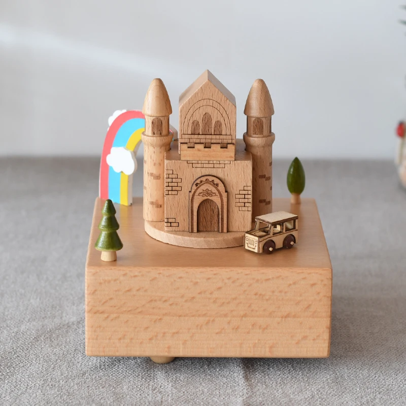 

New Arrival Customizable Logo Music Box Creativity Rainbow Castle Beech Wooden Musical Box For Souvenirs
