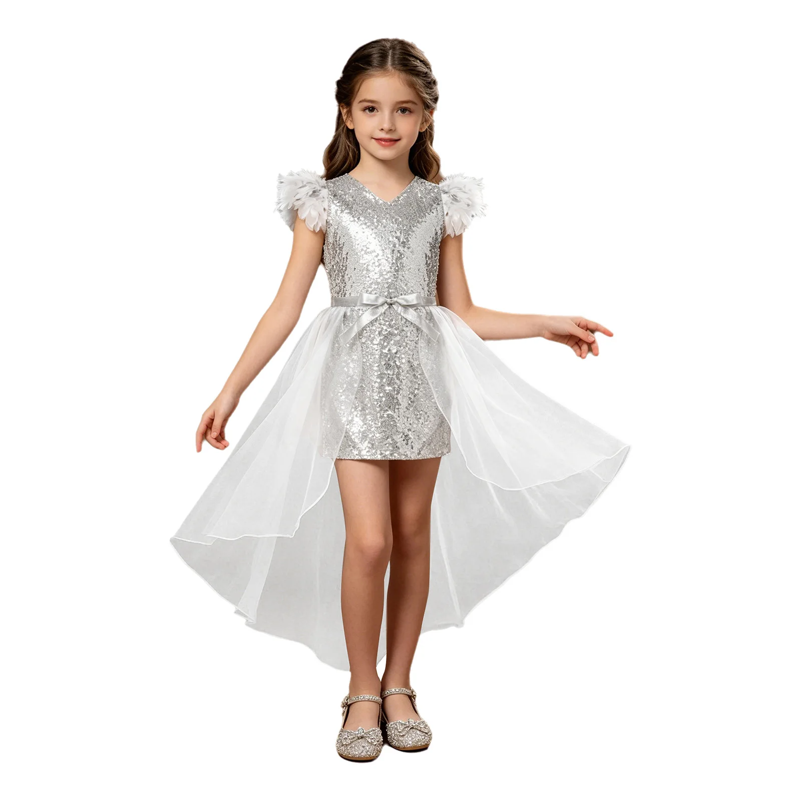 Girls Glitter Sequin Feather Pageant Dress - close-up view