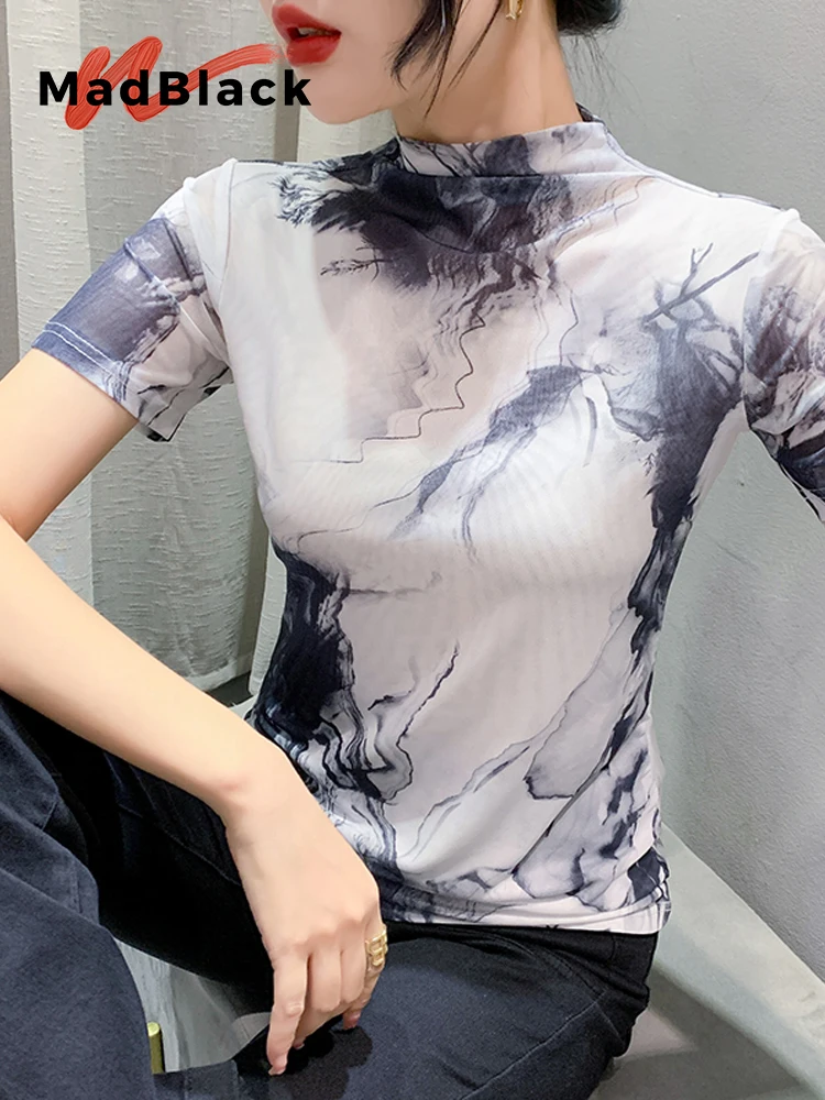 

MadBlack European Clothes T-Shirt Women Mock Neck Print Mesh Slim Tops Short Sleeve Elastic Tees Summer New 2024 T43432JC