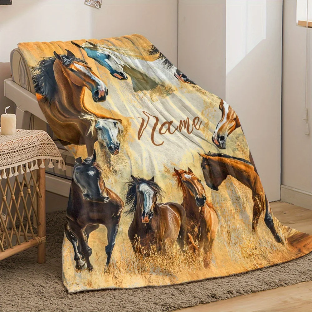 1pc Customized Desert Wild Horse Printed Blanket - Personalized Lightweight Soft Flannel Blanket for Sofa Beds, Travel Camping