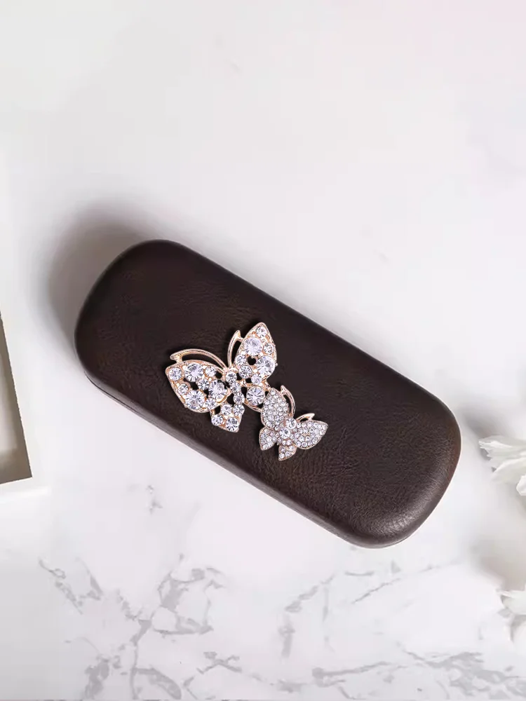 Stylish Portable Eyewear Cases PU with Steel Plate for Extra Durability White Pearl Pin Decor, Symbolic Elements.