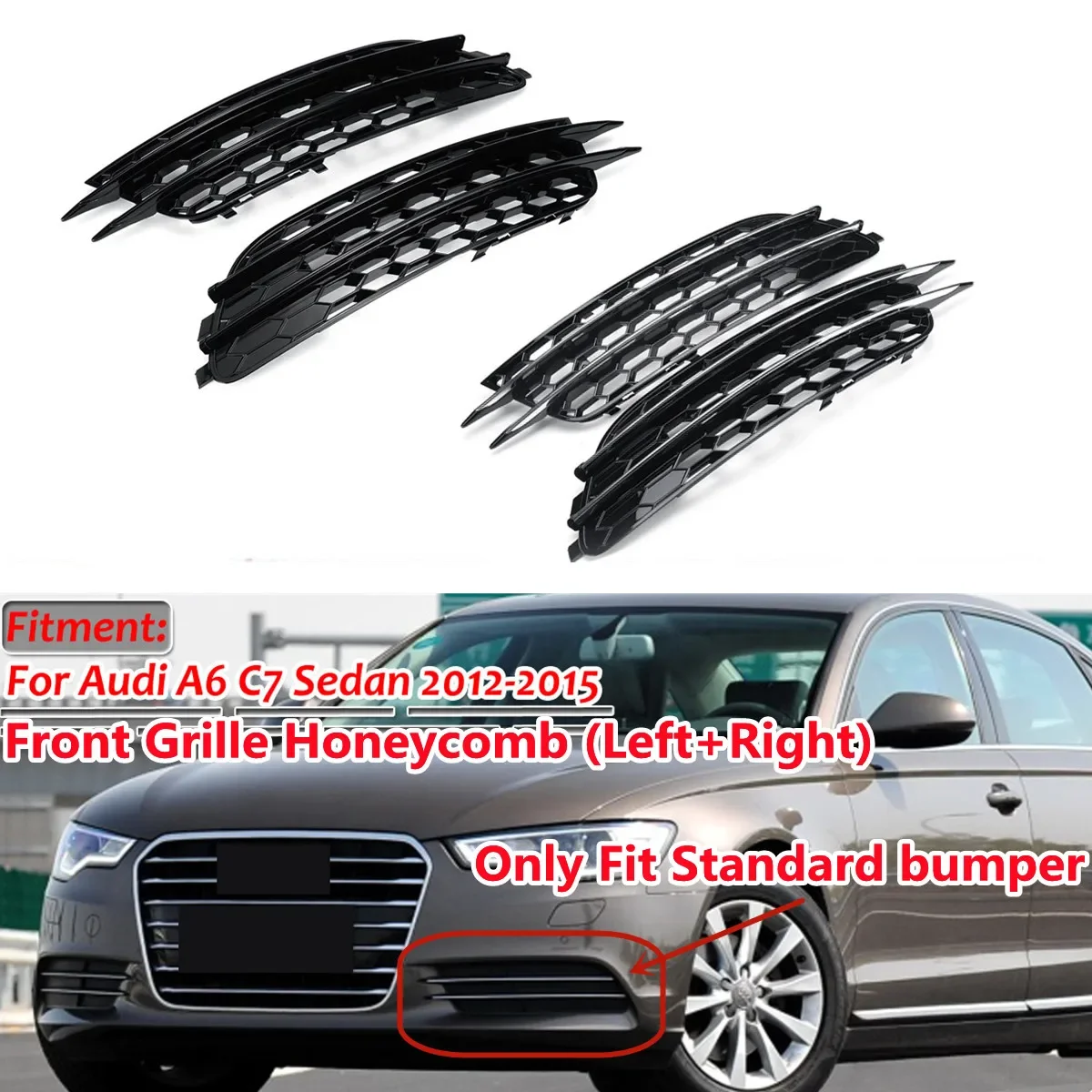 Pair RS6 Style Front Bumpe Fog Light Cover For Audi A6 C7 Sedan 2012-2015 Honeycomb Front Bumper Lower Grill Grilles Bezel Cover