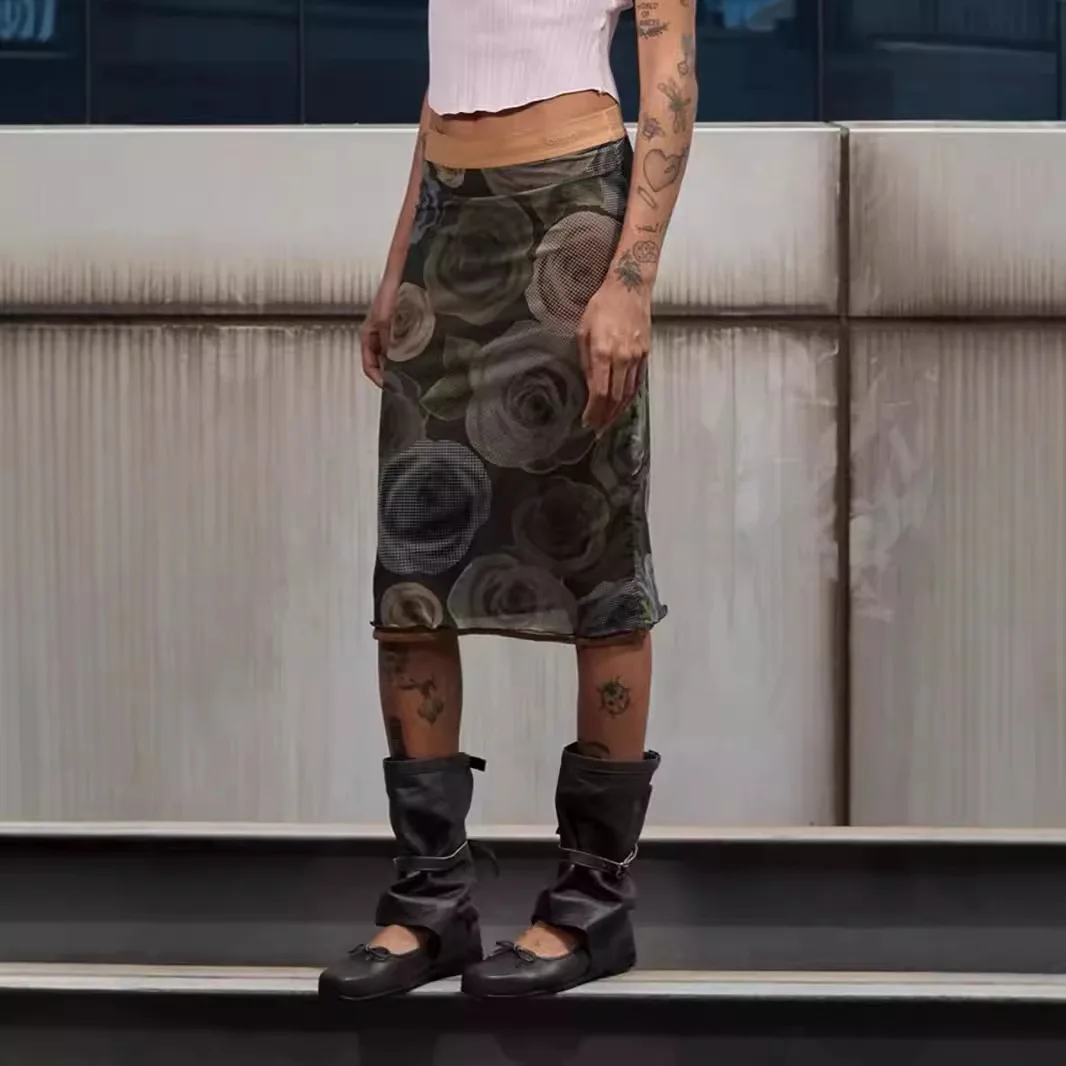 

Retro Rose Print Me Slim Fit f Skirt Openyy Women's Casual mid Waist Skirt Sli ort Skirt