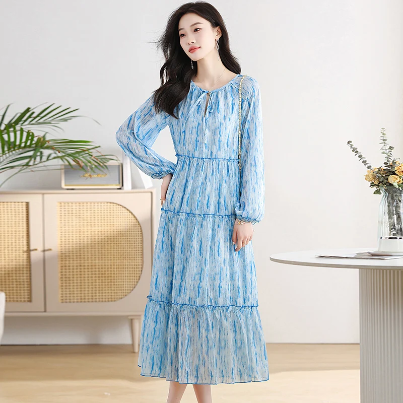 

2024 New Spring Autumn Women Lace-up O-Neck Long Sleeve Long Dress High Quality Fashion Blue Tie Dye Big Hem Holiday Dress