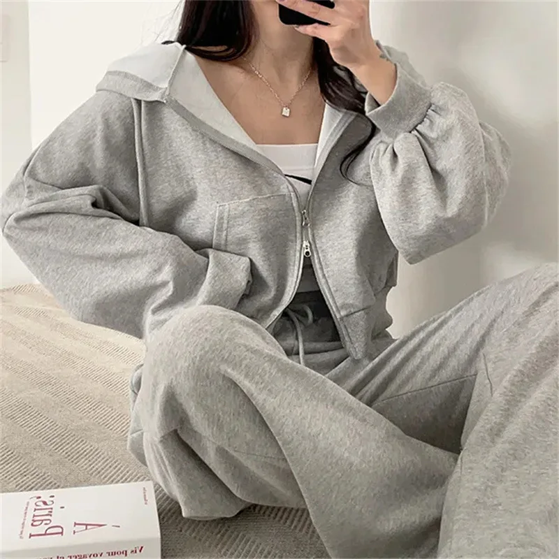 Korean Style Long Sleeved Pants Suits for Women, Zipper Top, High Waist, Casual Female Loose Sports, New Fall, 2024