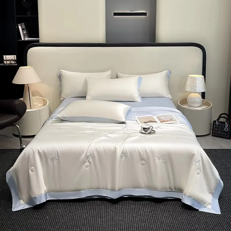 Wholesale Washed Silk Embroidery Bowknot Summer Quilt Four-Piece Set Cooling Custom Comforter Bed Set
