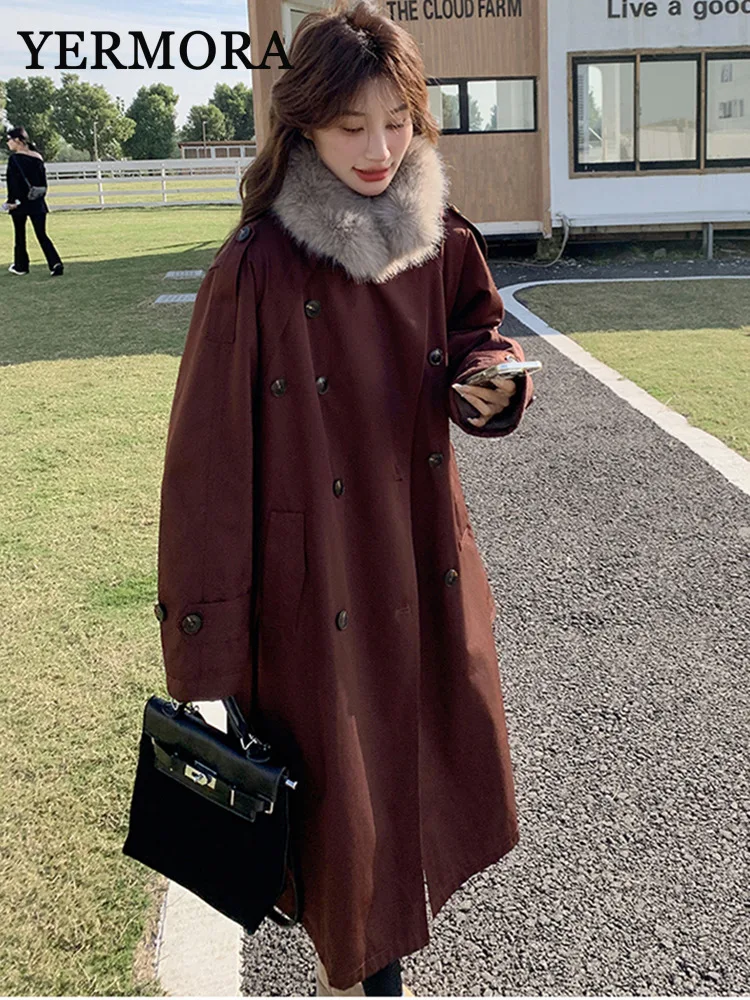 YERMORA Fake fur scarf woolen coat for women long sleeve thick double-breaster casual overcoat fashion tide autumn winter 2024