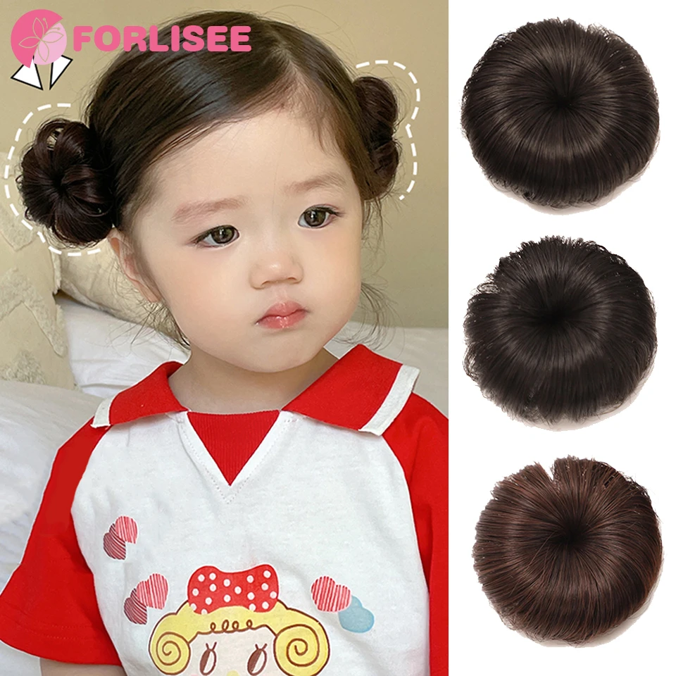 FORLISEE Synthetic Ancient Style Children\'s Hair Accessories Ball Head Wig Bag Wig Ring Bun Flower Hairpin Straight Hair Bag