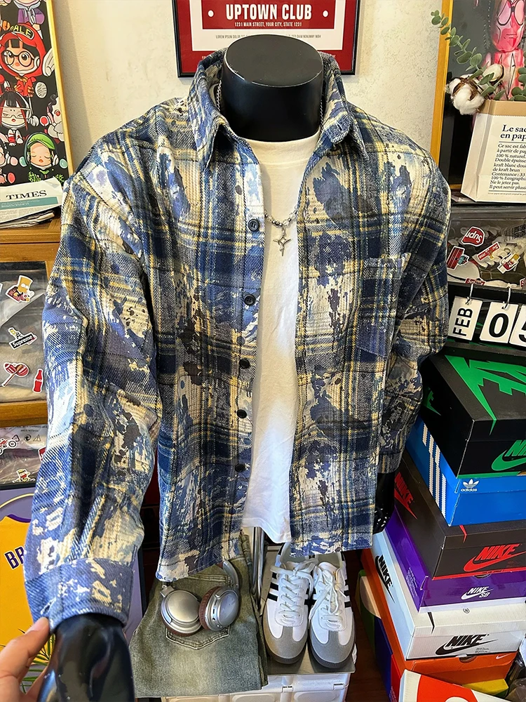 

Blue Plaid Long Sve Men's irt Tie Dye Retro American Sle Spring Outerwear Cleanfit Casual Wear Polyester Cotton Blend
