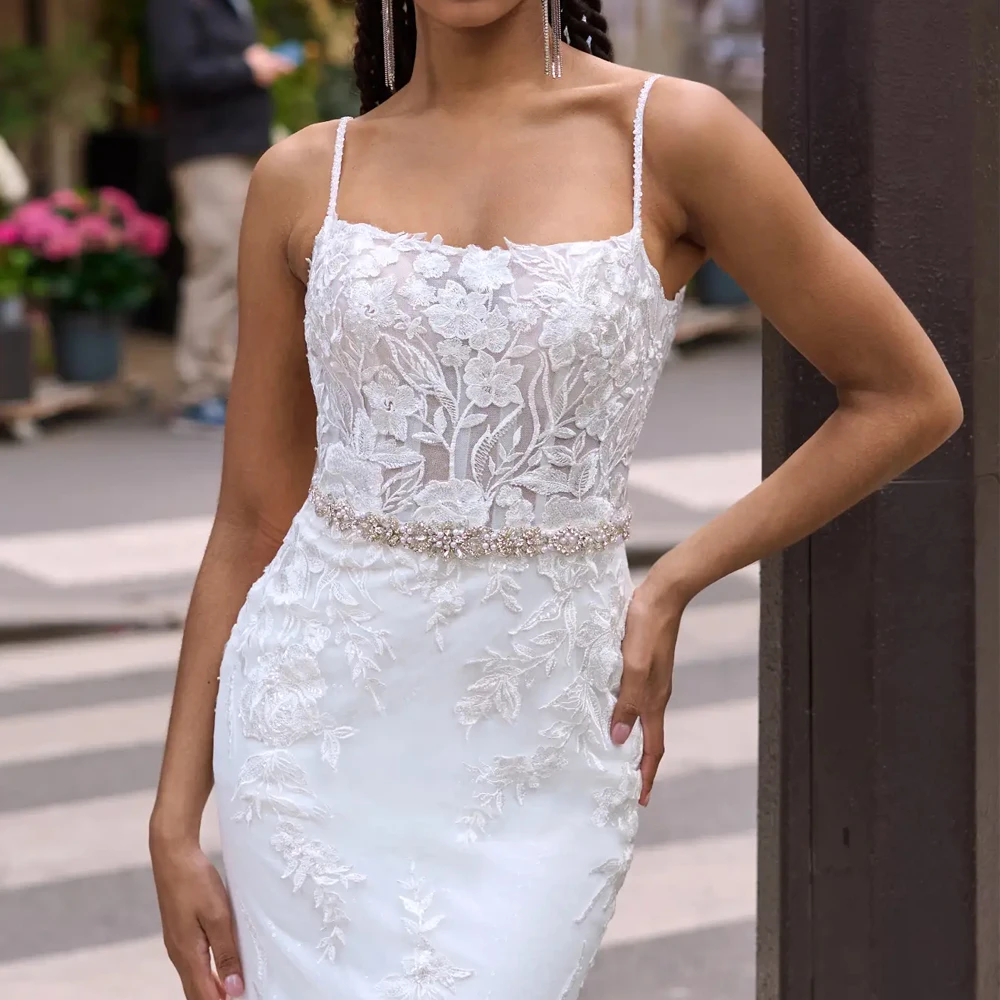 Simple Mermaid Spaghetti Strap Square Neck Wedding Dresses Applique Lace Bridal Grown Customized Open Back New Vestidos De Novia