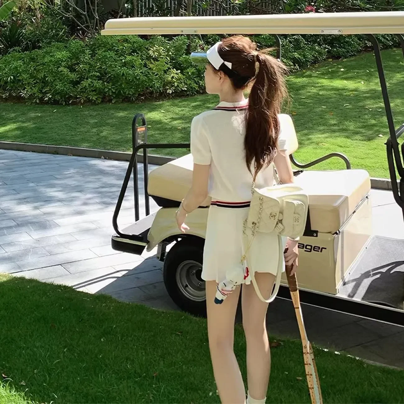 Summer Women Tennis Series Waffle Knitwear Golf POLO Skirt Suit Short-sleeved Top High Waist Skirt Two-piece Golf Clothing