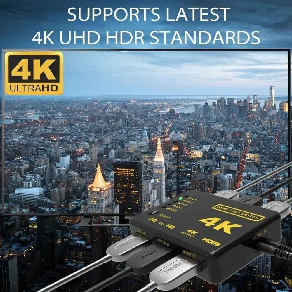 4K HDMI الجلاد 5x1 3x1 1080P HDMI فيديو التبديل صندوق محدد 5 في 1 خارج مع جهاز التحكم عن بعد للكمبيوتر المحمول Xbox TVBOX HDTV PS5