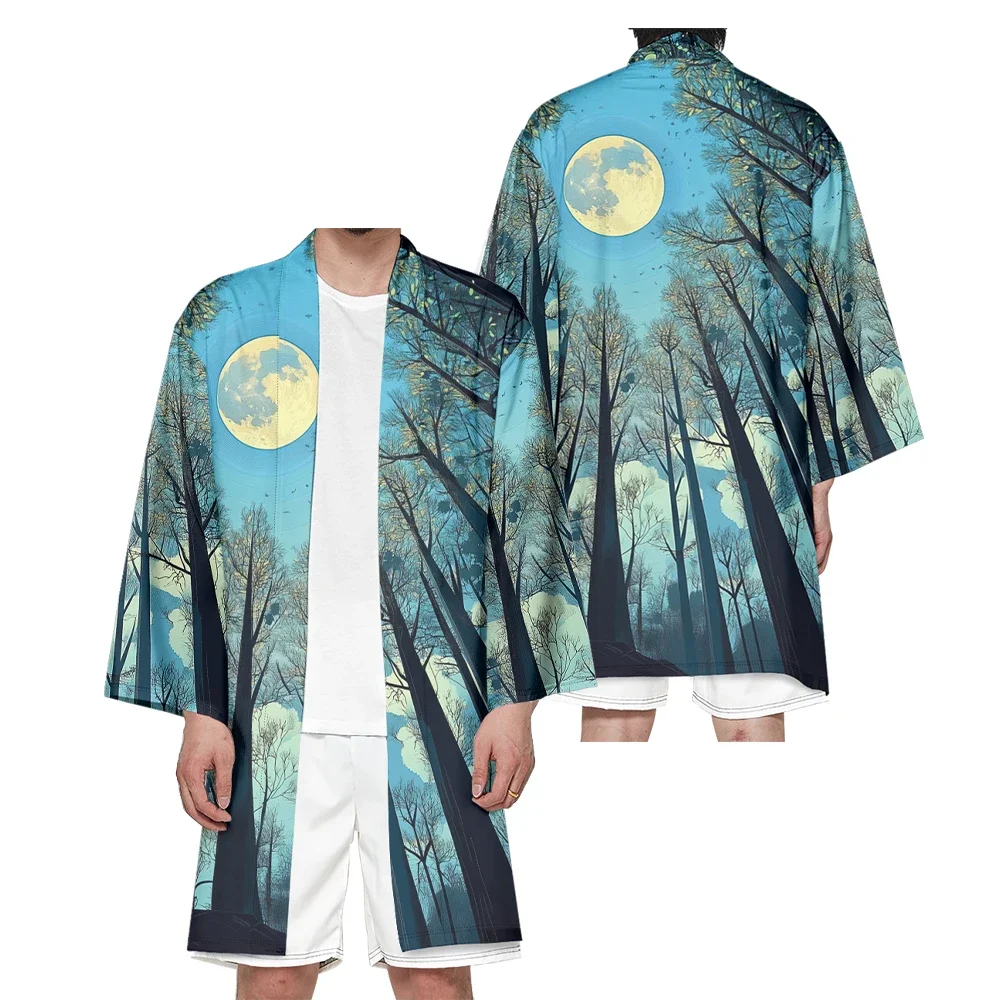 Autumn Samurai Kimono Cosplay Japanese Fashion Long Kimono Unisex Haori Kimonos Elegant Stylish Cardigan Landscape Print Robe