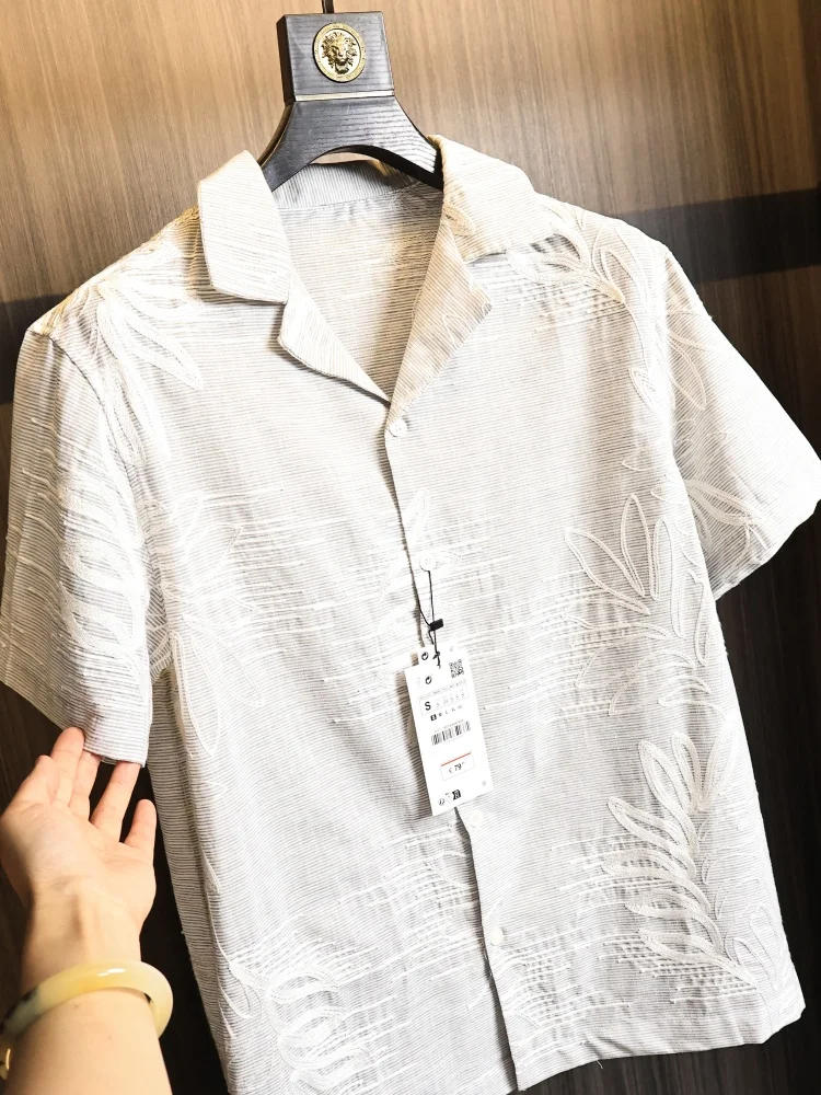 Skin-friendly Cuban Collar Short Sleeve Shirt for Men Fashionable Urban Style Loose Fit Modern Wind Embroidered Shirt