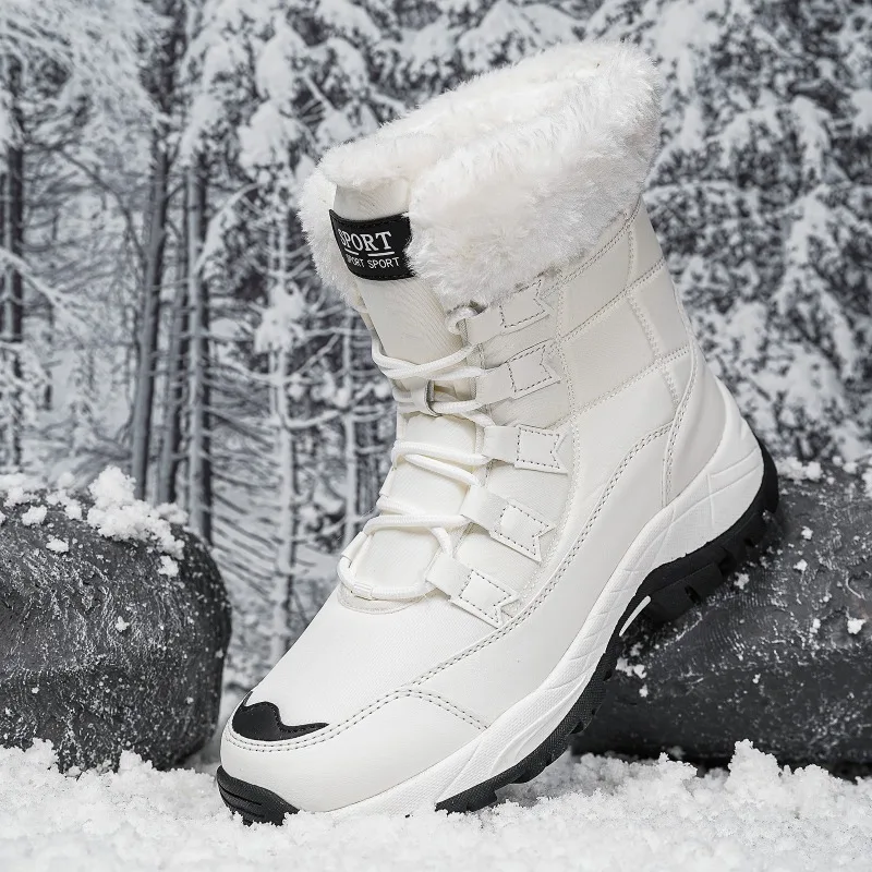 Women Winter Snow Boots Warm Furry Fur Lined Mid‑calf Boots Waterproof Non‑Slip Thick Sole Lace‑up Outdoor Cold Weather Shoes