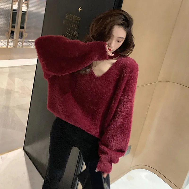 Halterneck Elegant Women Sweater Loose Fit Autumn And Winter Artificial Mink Wool Knit V-neck Korean Verison Gentle Pullover Top