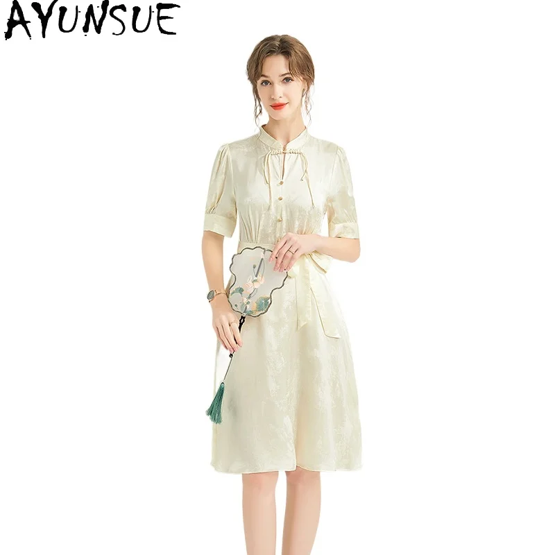 

AYUNSUE 100% Mulberry Silk Womens Dresses Elegant Dresses for Women Summer Clothes High Waist Dress Lace-up Vestido Mujer 2024