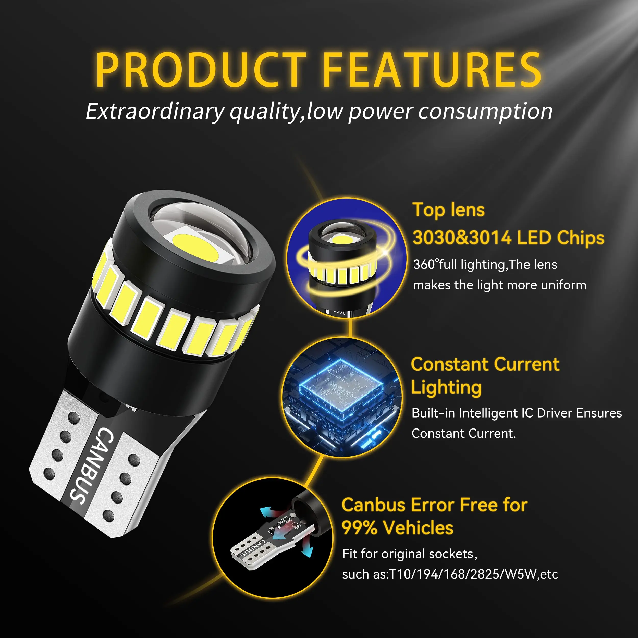 T10 W5W LED Bulbs, 168 175 194 2825 Bulb Super Bright 6000K White for Car Dome Door Map Dash Courtesy Cargo License Plate Lights