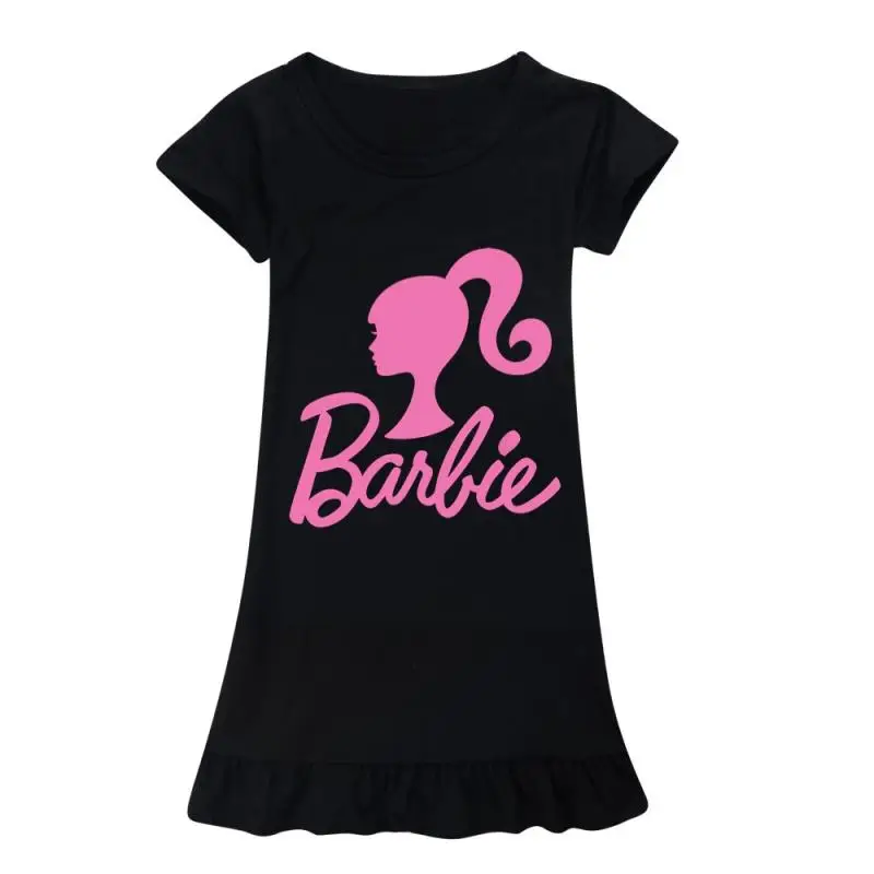 Kawaii Anime Barbie Girls Short-Sleeved Dress Cute Ice Silk Short-Sleeved Nightgown Summer Children Cartoon Home Clothes Gifts