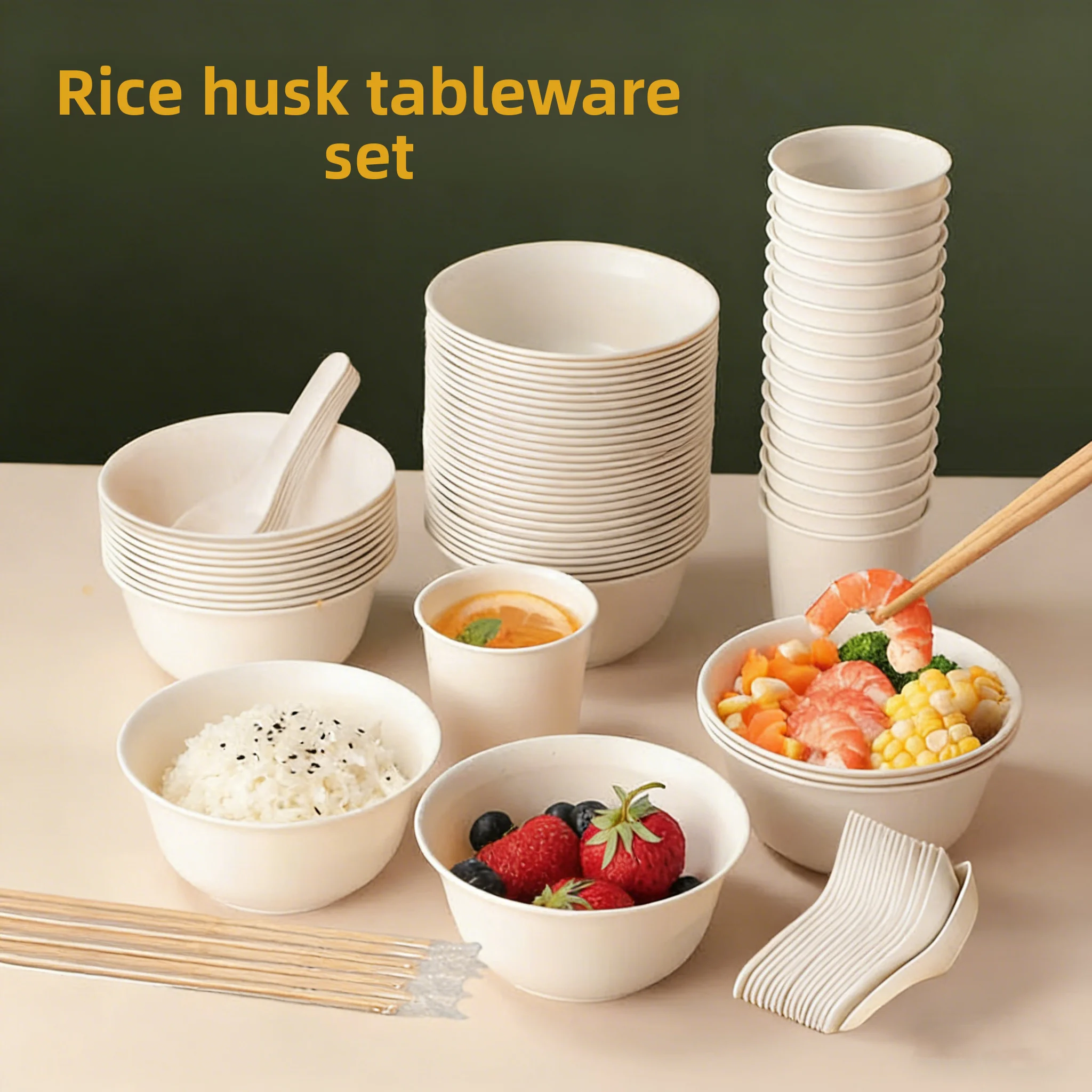 

Biodeadable Disposable Rice Hull Tableware Set Thiened High-Temperature Resistant Outdoor Dinnerware Bowl Chopstis Plate