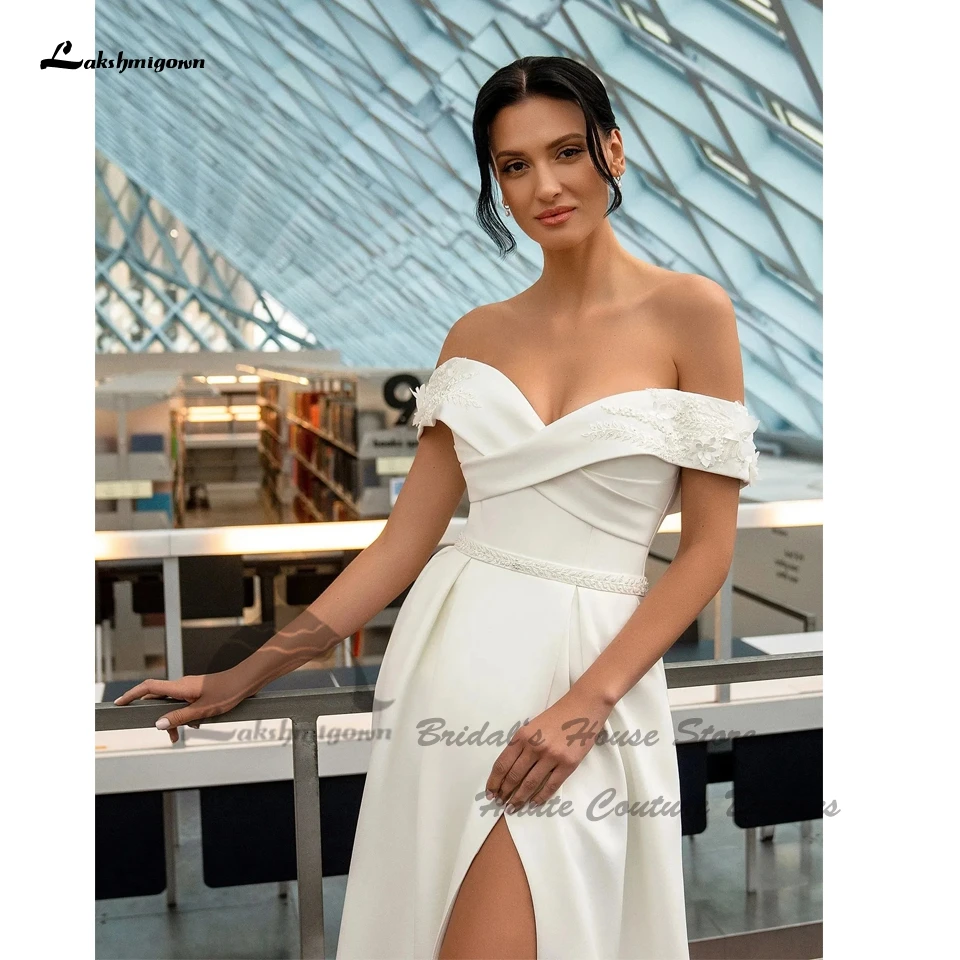 Lakshmigown Moderne Satin-Hochzeitskleider Schulterfrei 2026 Sexy Damen A-Linie Kirchen-Dinner-Brautkleider Seitenschlitz Maßanfertigung – Detail 4