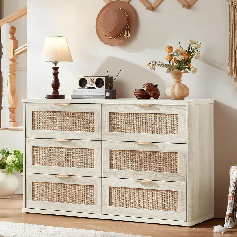 Rattan Dresser and Nightstand Set of 2, Boho 6-Drawer Dresser with Charging Station