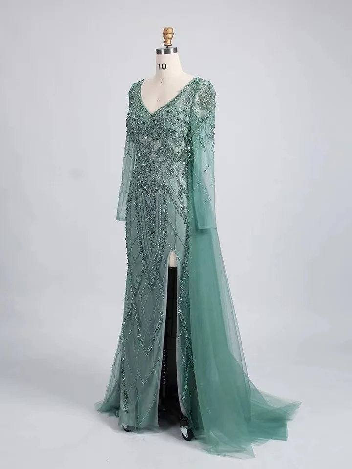 Vestido de noite sereia com saia feminina, fenda alta, mangas compridas, turquesa, verde, luxo, casamento, vestidos de festa formais, HO1825