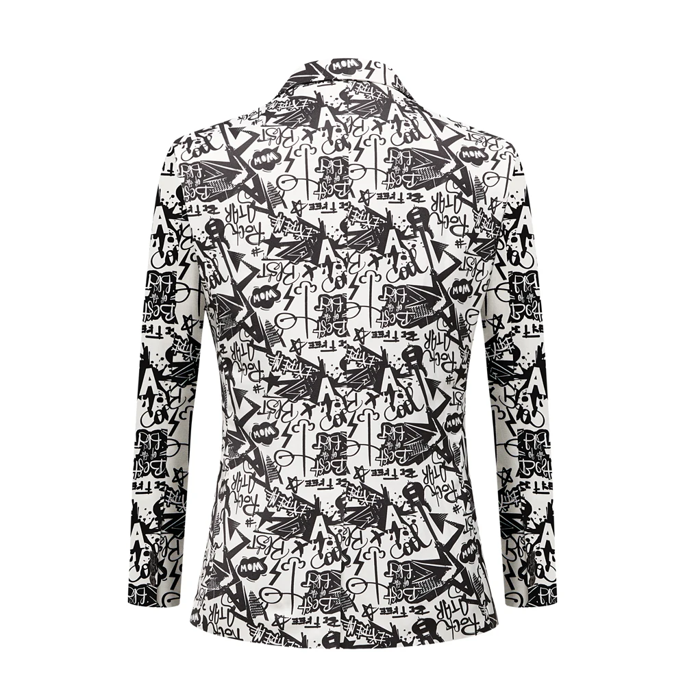 Giacca da uomo nera alla moda giacca da sposo da sposo cantante da palcoscenico Prom blazer Slim Fit cappotto da giacca con stampa bianca nera