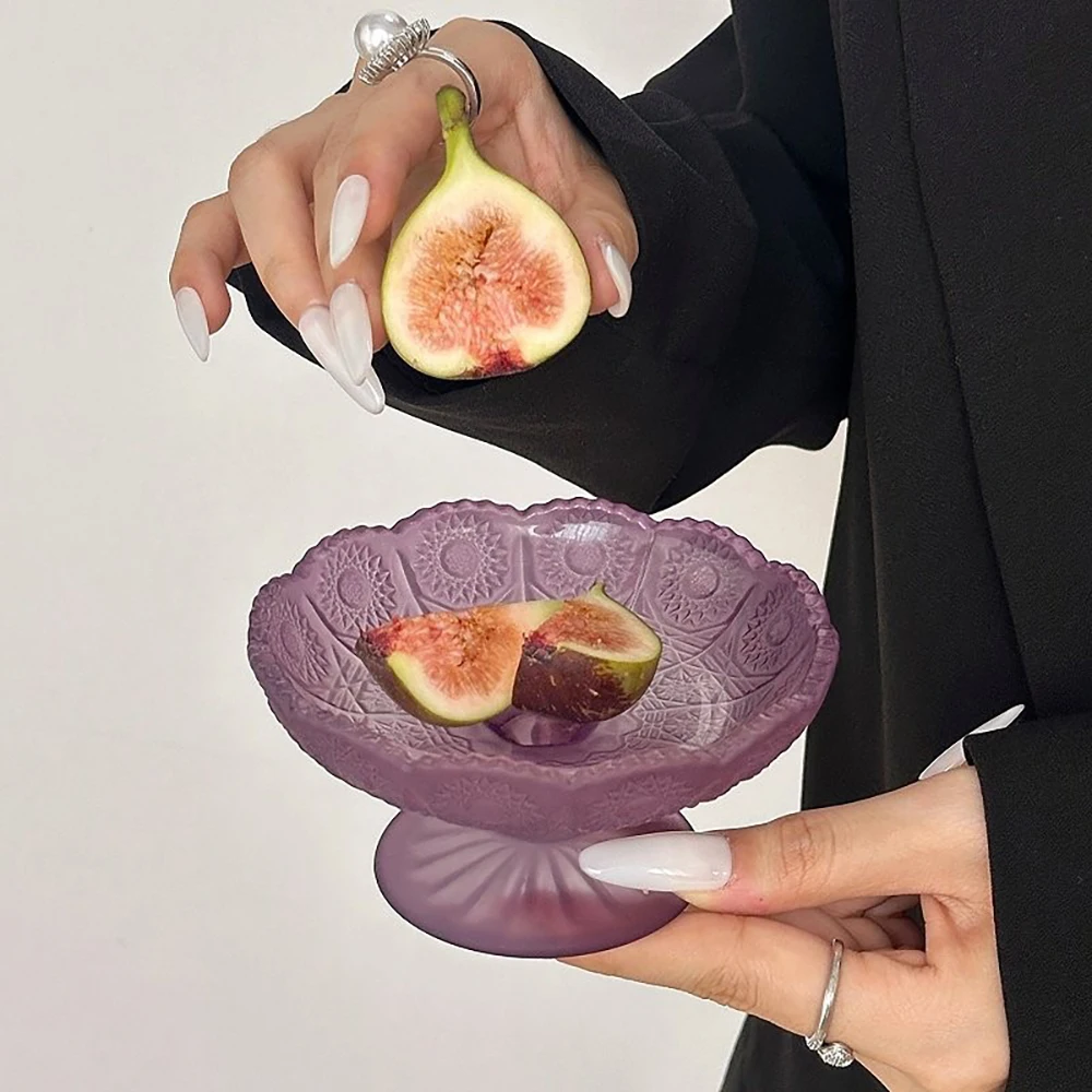 Matte Purple Footed Glass Fruit Plates Cabbage Leaf Texture Wavy Rim Dessert Bowls for Snacks Candies Home Party Table Decor