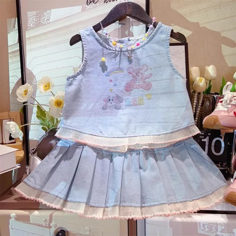 

TOY-Korean Style Girls' Outfit2025Summer New Children's Cartoon Print Vest with Lace Trim and Short Skirt Two-Piece Set
