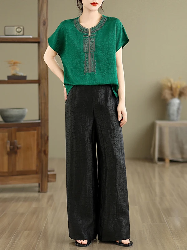 

Faionable Embroidered ort Sve Wide Leg Pants Set Chinese Sle V-Ne Loose Casual Two-Piece Suit for Women 25-35 Year...