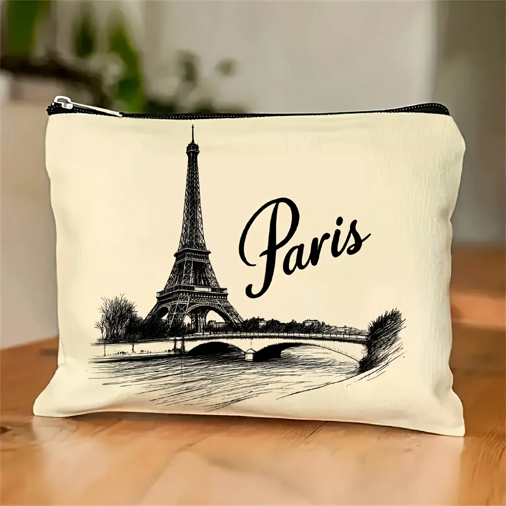 Un sac de maquillage imprimé sur le thème de Paris - pochette multifonctionnelle à fermeture éclair, sac de rangement de bijoux, petit sac de rangement à fermeture éclair de voyage parfait.