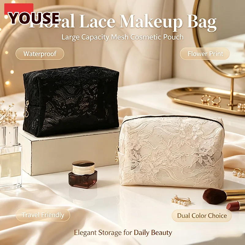 2026 Fashion Floral Lace Makeup Bag Mesh Large Capacity Cosmetic Pouch Flower Printed Travel Storage Bag Storage Organizer