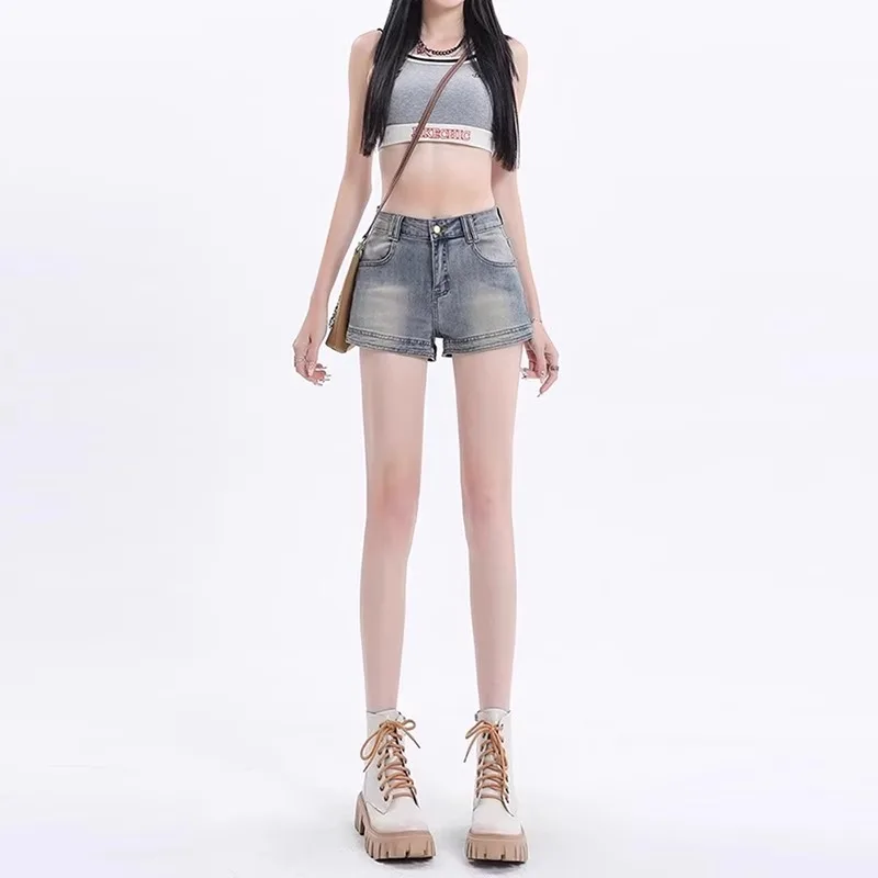 High Waist A-Line  Shorts Women's Vintage Denim Faded Wash Slimming Hot Pants Cotton Stretch Fabric Summer Wear