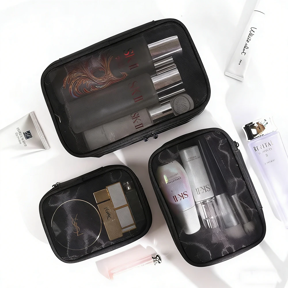 3Size Portable Makeup Bag Small Large Mesh Transparent Cosmetic Storage Bag Pencil Case Women's Travel Toiletry Storage Pouch Bl