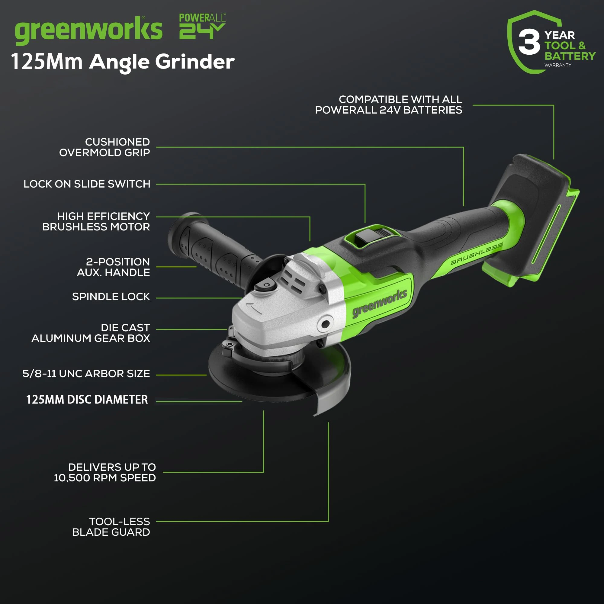 Greenworks 24V Brushless Angle Grinder 10500 RPM 125mm Disc Diameter High Performance For Grinding & Cutting Tool Only